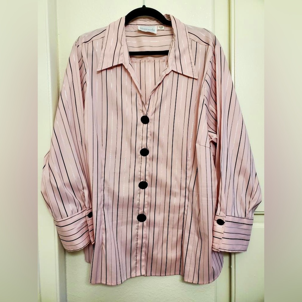 Pink Button Down with Large Black Buttons - Pinstriped Black/Silver/Grey